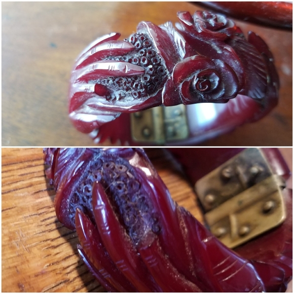DEEP RED genuine bakelite CLAMPER hands & roses - Picture 4 of 8